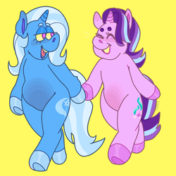 Size: 1280x1280 | Tagged: safe, artist:powdered-flowers, starlight glimmer, trixie, pony, unicorn, semi-anthro, g4, arm hooves, bipedal, eyebrows, female, hoof hold, lesbian, looking at each other, ship:startrix, shipping, smiling