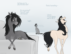 Size: 1280x960 | Tagged: safe, artist:dementra369, oc, oc:kira baer, earth pony, pony, armchair, black veil brides, chair, crossed hooves, dialogue, ponified, trio