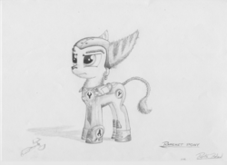 Size: 3510x2550 | Tagged: safe, artist:itchykitchy, pony, armor, clothes, high res, male, monochrome, ponified, ratchet, ratchet and clank, simple background, sketch, solo, stallion, traditional art