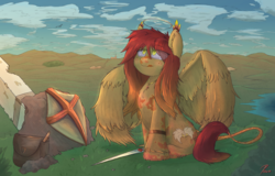 Size: 1898x1218 | Tagged: safe, artist:ruby dusk, oc, oc only, angel, pegasus, pony, female, shield, sword, weapon