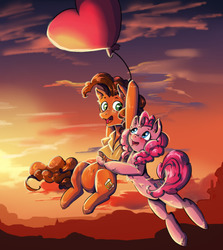 Size: 540x605 | Tagged: safe, artist:linystar, cheese sandwich, pinkie pie, pony, g4, cute, female, heart balloon, male, ship:cheesepie, shipping, straight, sunset