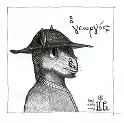 Size: 1816x1800 | Tagged: safe, artist:rogbo, oc, oc only, earth pony, anthro, beard, bust, byzantine empire, byzantines, eastern equestrian empire, facial hair, farmer, george, greek, hat, pencil drawing, portrait, signature, solo, straw hat, traditional art
