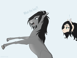 Size: 1280x960 | Tagged: safe, artist:dementra369, oc, oc only, oc:kira baer, earth pony, pony, black veil brides, duo, exclamation point, frown, ponified, unamused, what the hay?