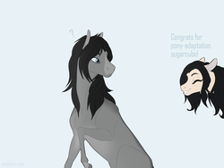 Size: 1280x960 | Tagged: safe, artist:dementra369, oc, oc only, oc:kira baer, earth pony, pony, black veil brides, duo, eyes closed, grin, happy, ponified, question mark, raised hoof, smiling