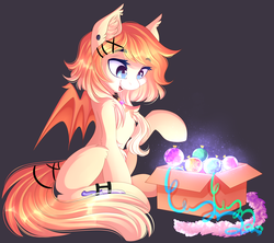 Size: 3753x3333 | Tagged: safe, artist:airiniblock, oc, oc only, oc:peach lace, bat pony, pony, rcf community, bat pony oc, bauble, box, commission, female, high res, knife, open mouth, ornaments, shiny, solo