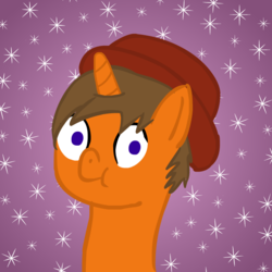 Size: 720x720 | Tagged: safe, artist:vbronny, oc, oc only, pony, unicorn, abstract background, bust, hat, horn, looking at you, male, portrait, solo, stallion