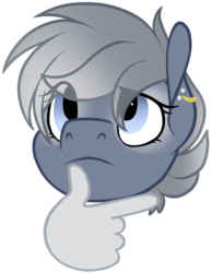 Size: 388x501 | Tagged: safe, artist:breloomsgarden, oc, oc only, oc:artemis, hippogriff, ear piercing, earring, emoji, emotes, eye clipping through hair, female, frown, hand, head, jewelry, looking up, meme, piercing, raised eyebrow, simple background, skeptical, solo, thinking, transparent background, ych result, 🤔