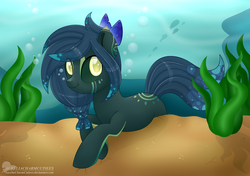 Size: 5069x3559 | Tagged: safe, artist:raspberrystudios, oc, oc only, oc:neptune, fish, pony, bubble, commission, crepuscular rays, flowing mane, flowing tail, looking at you, lying down, ocean, resting, ribbon, seaweed, smiling, smiling at you, solo, sunlight, tail, underwater, water