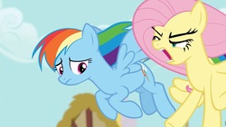 Size: 1920x1080 | Tagged: safe, screencap, fluttershy, rainbow dash, pony, flutter brutter, g4, duo, faic, flying, frown, great moments in animation, open mouth, peeved