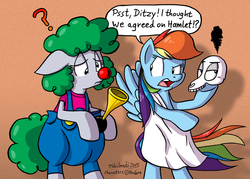 Size: 1000x716 | Tagged: safe, artist:tobibrocki, derpy hooves, rainbow dash, pony, g4, alas poor yorick, clothes, clown, clown nose, clown wig, dress, hamlet, horn, i just don't know what went wrong, rainbow dash always dresses in style, red nose, skull