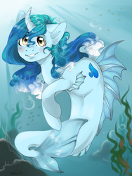Size: 700x930 | Tagged: safe, artist:joonyash, oc, oc only, oc:cascade, fish, mermaid, merpony, pony, seapony (g4), unicorn, rcf community, art, blushing, bubble, commission, crepuscular rays, curved horn, digital art, dorsal fin, fin, fins, fish tail, flowing mane, flowing tail, horn, ocean, scales, seaponified, seaweed, signature, smiling, solo, species swap, sunlight, swimming, tail, underwater, water, ych result