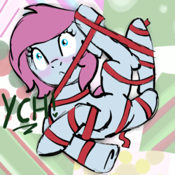 Size: 2100x2100 | Tagged: safe, artist:lannielona, pony, advertisement, blushing, commission, gift wrapped, high res, ribbon, sketch, solo, tangled up, tied up, wrapping paper, your character here