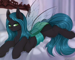 Size: 5000x4000 | Tagged: safe, artist:kuroran, queen chrysalis, changeling, changeling queen, rcf community, g4, ear fluff, female, looking at you, lying down, smiling, solo