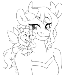 Size: 3600x4320 | Tagged: safe, artist:twisted-sketch, oc, changeling, cow, minotaur, original species, anthro, cute, cuteling, female, male, ocbetes, size difference, smiling