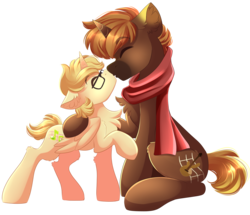 Size: 3452x2969 | Tagged: safe, artist:airiniblock, oc, oc only, pegasus, pony, unicorn, rcf community, commission, cute, eyes closed, gay, high res, kissing, male, raised hoof, simple background, sitting, transparent background