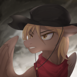 Size: 1400x1400 | Tagged: safe, artist:巷羽猫, oc, oc only, oc:calamity, pegasus, pony, fallout equestria, cloud, cloudy, commission, cowboy hat, dashite, desperado hat, fanfic, fanfic art, gritted teeth, hat, male, stallion, wings