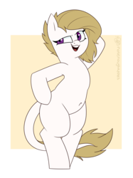 Size: 1280x1707 | Tagged: safe, artist:notenoughapples, oc, oc only, earth pony, pony, belly button, bipedal, leonine tail, lidded eyes, smiling, solo, sultry pose