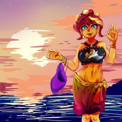 Size: 1000x1000 | Tagged: safe, artist:sozglitch, sunset shimmer, equestria girls, g4, my little pony equestria girls: better together, belly button, clothes, female, handbag, looking at you, midriff, sarong, smiling, solo, summer sunset, sun, swimsuit, water, waving