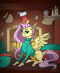 Size: 1747x2117 | Tagged: safe, artist:marbola, artist:php97, fluttershy, pegasus, pony, g4, bottomless, candy, candy cane, christmas, christmas tree, clothes, cloven hooves, collaboration, comfy, cozy, female, fireplace, food, holiday, looking at you, mare, missing cutie mark, partial nudity, sitting, snow globe, solo, sweater, sweatershy, tail feathers, tree, unshorn fetlocks