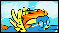 Size: 1524x870 | Tagged: safe, artist:vbronny, spitfire, pegasus, pony, g4, clothes, female, floppy ears, flying, goggles, mare, solo, spread wings, uniform, wings, wonderbolts, wonderbolts uniform