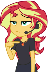 Size: 10000x15000 | Tagged: safe, artist:famousmari5, sunset shimmer, equestria girls, g4, my little pony equestria girls: better together, opening night, opening night: twilight sparkle, absurd resolution, clothes, cyoa, director shimmer, female, geode of empathy, headset, jewelry, magical geodes, necklace, pants, pointing, pointing at self, simple background, solo, sunset shimmer is not amused, transparent background, unamused, vector