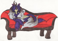 Size: 2747x1916 | Tagged: safe, artist:cailadelrose, oc, oc:passionate evening, kirin, couch, kirin oc, lying