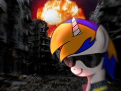Size: 3300x2474 | Tagged: safe, artist:vbronny, oc, oc only, oc:retslife, pony, unicorn, fallout equestria, bust, clothes, female, high res, horn, jumpsuit, mare, nuclear explosion, ruins, smiling, solo, sunglasses, vault suit