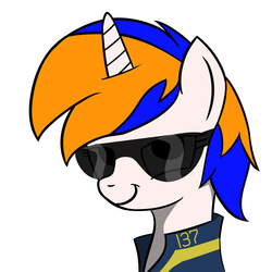 Size: 2800x2800 | Tagged: safe, alternate version, artist:vbronny, oc, oc only, oc:retslife, pony, unicorn, fallout equestria, bust, clothes, female, high res, horn, jumpsuit, mare, smiling, solo, sunglasses, vault suit
