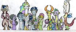 Size: 3402x1476 | Tagged: safe, artist:someguy458, capper dapperpaws, discord, hoo'far, princess celestia, spike, sweetie belle, thorax, oc, oc:bowlina, oc:dark obsidian, oc:ruby red balloon, oc:vi, abyssinian, alicorn, changedling, changeling, draconequus, dragon, hybrid, pony, popplio, unicorn, series:rubyandfriends, series:tpaplop, g4, my little pony: the movie, adult, adult spike, female, interspecies offspring, king thorax, male, mare, offspring, older, older spike, parent:discord, parent:fluttershy, parents:discoshy, pokémon, stallion, traditional art, winged spike, wings