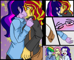 Size: 1396x1126 | Tagged: safe, artist:weezelsoup, fluttershy, rainbow dash, rarity, sci-twi, sunset shimmer, twilight sparkle, equestria girls, g4, alternate clothes, angry, blushing, comic, cutie mark, eyes closed, fanfic art, female, kissing, lesbian, link in description, one eye closed, ship:sci-twishimmer, ship:sunsetsparkle, shipper on deck, shipping, surprise kiss