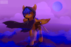 Size: 3600x2400 | Tagged: safe, artist:mrrasswet06, oc, oc only, oc:crushingvictory, pegasus, pony, animated, cloak, clothes, cloud, fog, gif, high res, saddle bag, solo, spear, spread wings, watermark, weapon, wind
