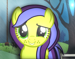 Size: 1078x858 | Tagged: safe, artist:mrslimonka, oc, oc only, oc:mrslimonka, pegasus, pony, female, grin, looking at you, mare, shy, shy smile, smiling, solo, tree, wings