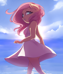 Size: 1440x1680 | Tagged: safe, artist:regenda, artist:regendary, fluttershy, anthro, g4, adorasexy, breasts, clothes, cute, dress, female, looking at you, sexy, shyabetes, sky, solo, sundress, ych result