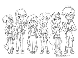 Size: 1200x900 | Tagged: safe, artist:tylerdashart, applejack, fluttershy, pinkie pie, rainbow dash, rarity, twilight sparkle, alicorn, earth pony, pegasus, unicorn, anthro, g4, applejack's hat, belly button, black and white, clothes, converse, cowboy hat, cute, female, fishnet stockings, freckles, grayscale, hand on hip, hat, jacket, lineart, long skirt, looking at you, mane six, midriff, miniskirt, monochrome, pants, pantyhose, pleated skirt, shirt, shoes, shorts, skirt, smiling, sneakers, socks, sweater, sweatershy, thigh highs, twilight sparkle (alicorn)