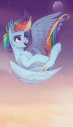 Size: 1116x1934 | Tagged: safe, artist:holocorn, rainbow dash, pegasus, pony, g4, chest fluff, cloud, cloudy, cutie mark, ear fluff, female, flying, full moon, happy, mare, moon, sky, solo