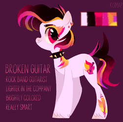 Size: 3520x3512 | Tagged: safe, artist:hamterinthebulb, oc, oc only, oc:broken guitar, earth pony, pony, choker, ear piercing, earring, female, high res, jewelry, mare, piercing, purple background, reference sheet, simple background, solo, spiked choker, tattoo