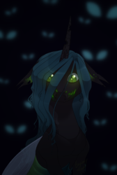Size: 1462x2178 | Tagged: safe, artist:holocorn, queen chrysalis, changeling, changeling queen, g4, eye, eye clipping through hair, eyes, fangs, female, floppy ears, hair over one eye, looking at you, sitting, slit pupils, solo
