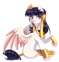 Size: 1711x1806 | Tagged: safe, artist:holocorn, oc, oc only, pegasus, pony, art trade, blank flank, egyptian, egyptian pony, female, headdress, mare, peytral, raised hoof, simple background, sitting, solo, spread wings, tail wrap, transparent background, wings