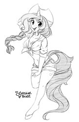 Size: 970x1500 | Tagged: safe, artist:starshinebeast, oc, oc only, oc:bubble lee, unicorn, anthro, unguligrade anthro, anthro oc, belly button, braid, clothes, cowboy hat, female, front knot midriff, hat, mare, midriff, monochrome, shorts, sketch, solo, stetson