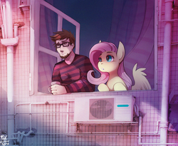 Size: 1200x986 | Tagged: safe, artist:foxinshadow, fluttershy, human, pegasus, pony, g4, clothes, cup, duo, female, mare, pony on earth, sweater, window