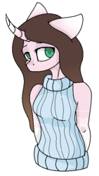 Size: 327x578 | Tagged: safe, artist:cindystarlight, oc, oc only, oc:cindy, unicorn, anthro, curved horn, female, horn, mare, simple background, sleeveless sweater, solo, transparent background