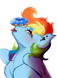 Size: 2200x3000 | Tagged: safe, artist:rrd-artist, rainbow dash, pony, :p, balancing, bust, chest fluff, cute, dashabetes, donut, ear fluff, ear piercing, female, food, high res, piercing, ponies balancing stuff on their nose, silly, solo, tongue out, treat on nose