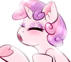 Size: 1376x1200 | Tagged: safe, artist:rrd-artist, sweetie belle, pony, unicorn, g4, eyes closed, eyeshadow, female, filly, glitter, makeup, simple background, solo, underhoof, white background