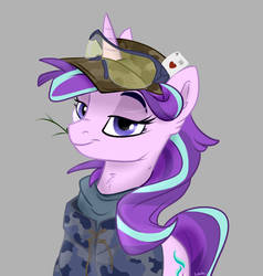 Size: 900x945 | Tagged: safe, artist:rutkotka, starlight glimmer, pony, unicorn, g4, camouflage, clothes, female, gray background, hat, looking at you, mare, playing card, safety goggles, simple background, soldier, solo