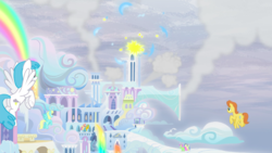 Size: 1440x810 | Tagged: safe, screencap, lightning bolt, merry may, sassaflash, sunshower, warm front, white lightning, pegasus, pony, g4, tanks for the memories, background pony, cloud, cloudsdale, female, flying, male, mare, rainbow, stallion, weather factory