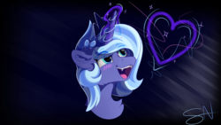Size: 8000x4500 | Tagged: safe, artist:attacktherain, princess luna, alicorn, pony, g4, absurd resolution, blushing, bust, cute, ear fluff, fangs, female, happy, heart, lunabetes, magic, mare, solo