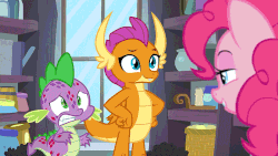 Size: 700x394 | Tagged: safe, screencap, pinkie pie, smolder, spike, dragon, pony, g4, molt down, animated, closet, dragoness, female, gif, male, mare, molting, nervous, nudge, out of context, playful, raised eyebrow, stone scales, teasing, trio