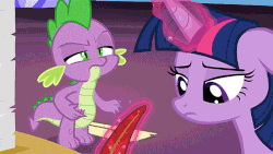 Size: 700x394 | Tagged: safe, screencap, spike, twilight sparkle, alicorn, dragon, pony, g4, once upon a zeppelin, animated, female, gif, magic, male, mare, narrowed eyes, quill pen, rolling up sleeves, telekinesis, twilight sparkle (alicorn)