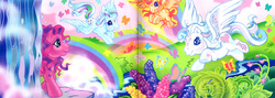 Size: 1280x455 | Tagged: safe, artist:lyn fletcher, skywishes, star catcher, butterfly, pegasus, pony, g3, official, blushing, book, flying, rainbow, rainbows, shipping fuel, unnamed character, unnamed pony, waterfall, wishes do come true