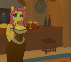 Size: 1280x1121 | Tagged: safe, artist:nanodeath, fluttershy, pegasus, anthro, g4, adorasexy, bar maid, big breasts, breasts, busty fluttershy, cleavage, clothes, cute, female, looking at you, mare, mug, sexy, solo, tavern, wench